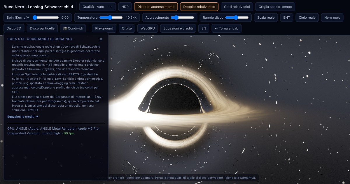 Simulatore buco nero Schwarzschild in WebGL — realizzato con Next.js App Router, un esempio dello stack in produzione