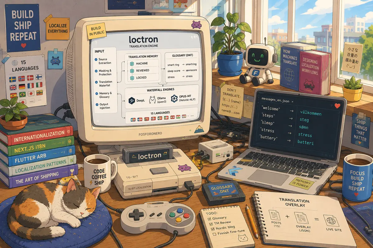 Architettura di loctron, il motore di traduzione interno di FitMesh: translation memory con stati machine, reviewed e locked, glossario DNT e cascata di motori DeepL, Ollama e OPUS-MT per 15 lingue