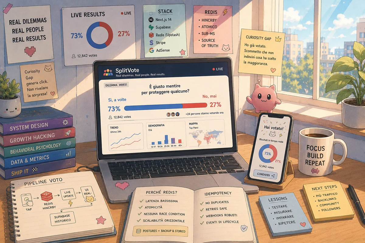Architettura real-time di SplitVote: dashboard di voto live con Redis (HINCRBY) come source of truth, Next.js e Supabase, risultati in tempo reale e conteggio voti atomico